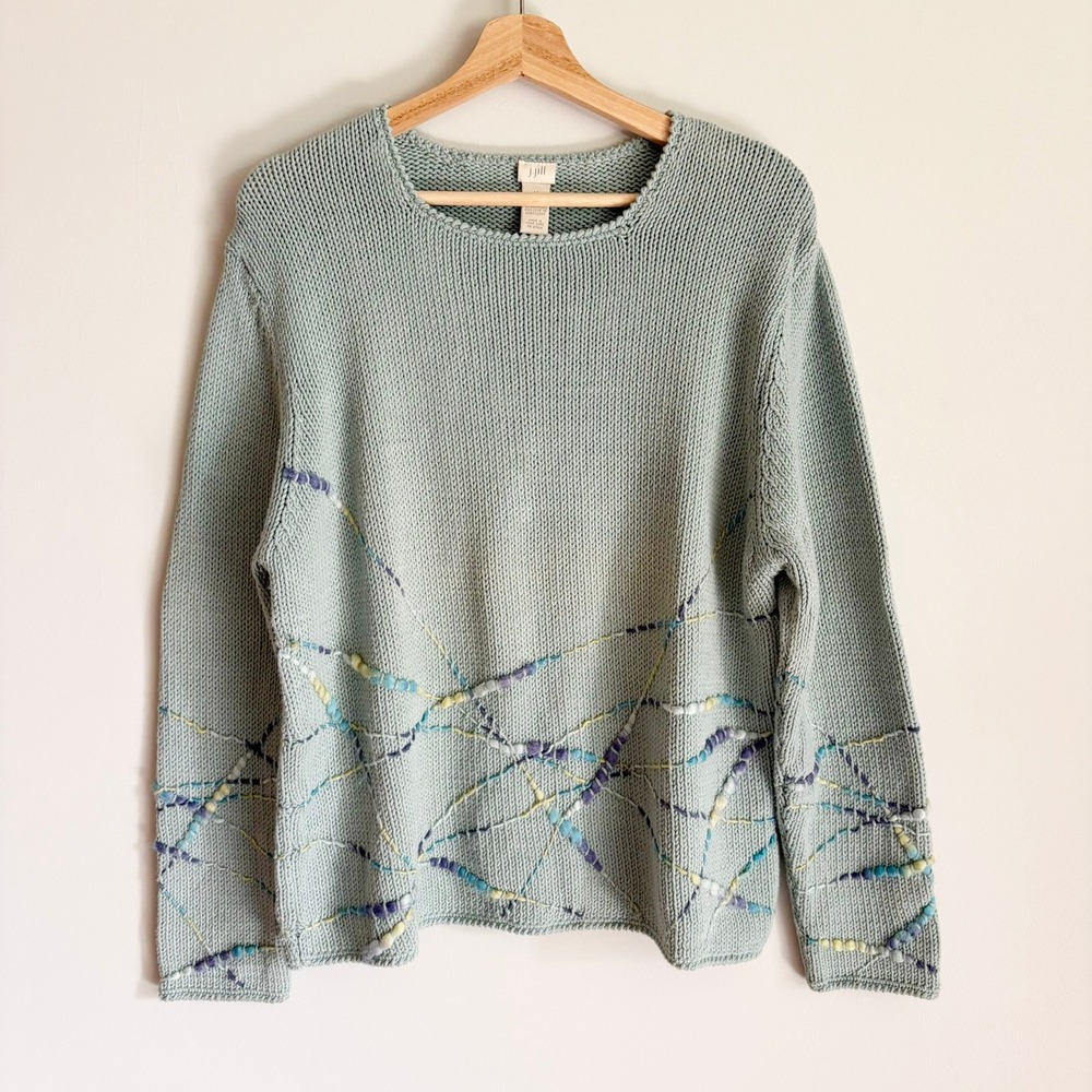 VTG J Jill Abstract Embroidered Knit Sweater Size Medium Light Teal Green 90s